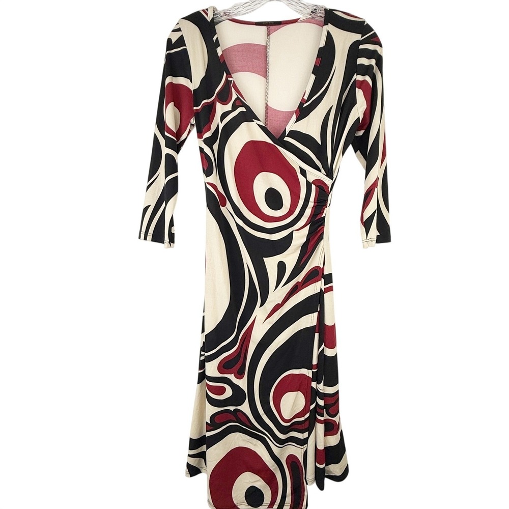 Soprano Womens Faux Wrap Dress Abstract Swirl V-Neck 3/4 Sleeve Red Black M